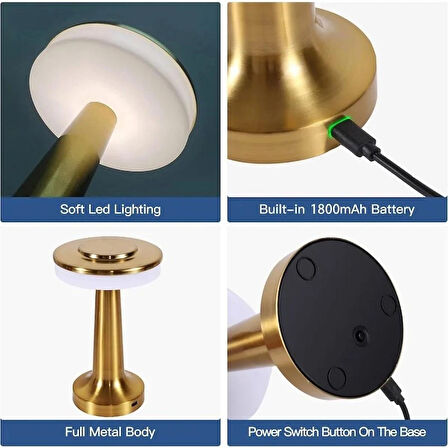 HpyTech Şarjlı Dokunmatik LED Masa Lambası  Metal Gövde Taşınabilir Gece Işığı  Ev, Kafe, Restoran için