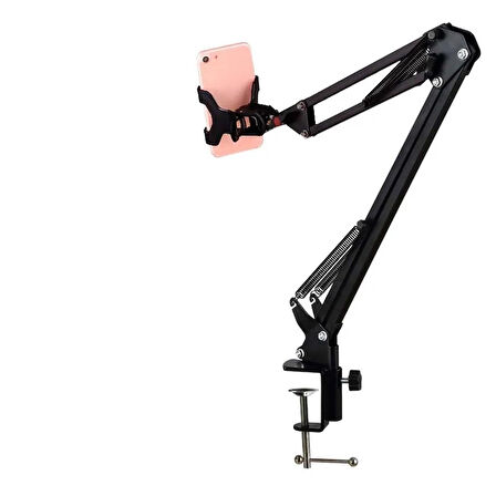HpyTech Masa Üstü Ayarlanabilir Telefon Standı – 360° Dönebilen, Yaylı Kol, Metal Gövde, Masa Kenarı Montajlı