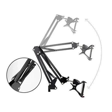 HpyTech Masa Üstü Ayarlanabilir Telefon Standı – 360° Dönebilen, Yaylı Kol, Metal Gövde, Masa Kenarı Montajlı