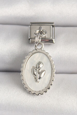 316L Çelik Gümüş Renk Beyaz Mineli Çiçek İşlemeli Nomination Charm