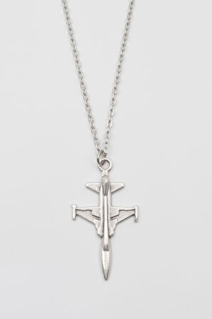 Modern F-5 Tiger Uçak Kolye - Düz Ezme İthal Zincirli Unisex Gümüş Kaplama - 60 cm