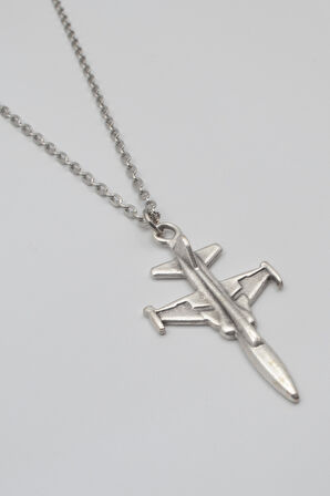 Modern F-5 Tiger Uçak Kolye - Düz Ezme İthal Zincirli Unisex Gümüş Kaplama - 60 cm