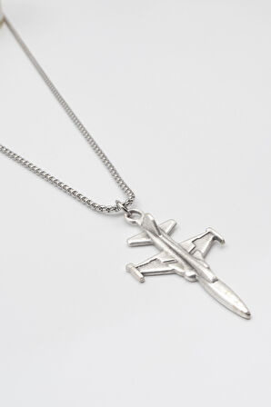 F-5 Tiger Jet Uçağı Kolye - Örme İthal Zincirli Unisex Gümüş Kaplama Havacılık Takısı - 60 cm