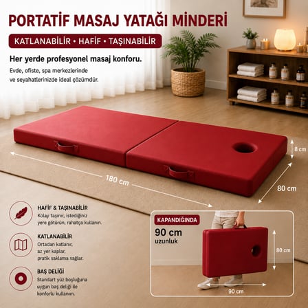 Masaj Yatağı Portatif Katlanabilir Masaj Yatağı Minderi 8 cm Sünger  180x80 cm
