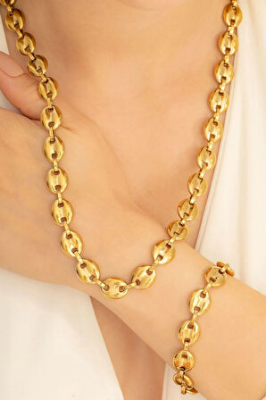 Kadın Çelik Kolye Bileklik Set - Altın Kaplama Gemici Model Çelik Bileklik Kolye Set