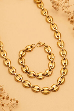 Kadın Çelik Kolye Bileklik Set - Altın Kaplama Gemici Model Çelik Bileklik Kolye Set