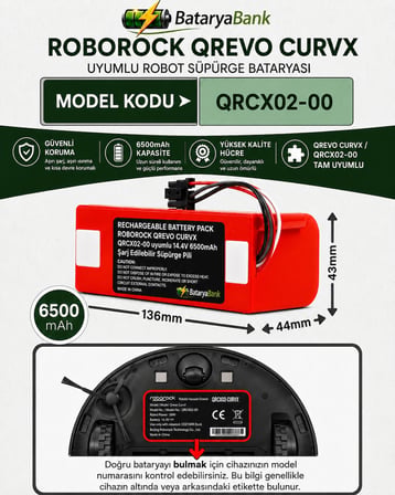BataryaBank Roborock Qrevo CurvX (QRCX02-00) Uyumlu Robot Süpürge Bataryası 14.4V 6500mAh Li-ion Yüksek Kapasiteli Pil