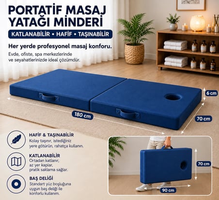 Masaj Yatağı Portatif Katlanabilir Masaj Yatağı Minderi 6 cm Sünger  180x70 cm