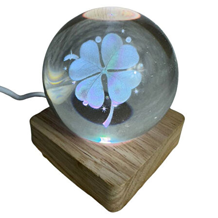 Uretti - Funda 1593 0157 Işıklı Ahşap Kare Kaideli Yonca Temalı Cam Küre /  6 Cm