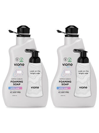 vione 2 Adet Köpük Sabun El ve Yüz İçin Beyaz Sabunlu 2 lt (Köpük Yapıcı Sabunluk Hediyeli)