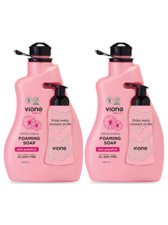 vione 2 Adet Köpük Sabun El ve Yüz İçin Pembe Greyfurt 2 lt (Köpük Yapıcı Sabunluk Hediyeli)
