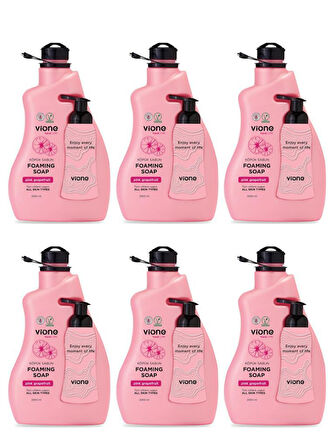 vione 6 Adet Köpük Sabun El ve Yüz İçin Pembe Greyfurt 2 lt (Köpük Yapıcı Sabunluk Hediyeli)