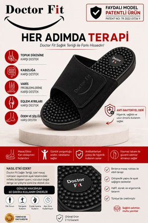 Doctor Fit Refleksoloji Rahatlatıcı,Akapunktur Masaj Terliği Antibakteriyel Deri Siyah 42 Numara Unisex