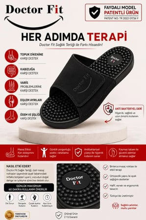 Doctor Fit 43 Numara Unisex Refleksoloji Rahatlatıcı,Akapunktur Masaj Terliği Antibakteriyel Deri Siyah 