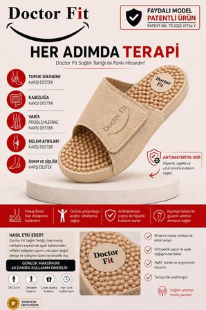 Doctor Fit Refleksoloji Rahatlatıcı,Akapunktur Masaj Terliği Antibakteriyel Deri Bej 38 Numara Unisex