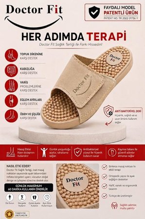 Doctor Fit Refleksoloji Rahatlatıcı,Akapunktur Masaj Terliği Antibakteriyel Deri Bej 45 Numara Unisex