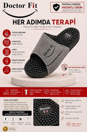 Doctor Fit 36 Numara Unisex Refleksoloji Rahatlatıcı,Akapunktur Masaj Terliği Antibakteriyel Deri Gri 