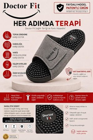 Doctor Fit Refleksoloji Rahatlatıcı,Akapunktur Masaj Terliği Antibakteriyel Deri Gri 36 Numara Unisex