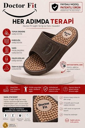 Doctor Fit Refleksoloji Rahatlatıcı,Akapunktur Masaj Terliği Antibakteriyel Deri Kahverengi 44 Numara Unisex