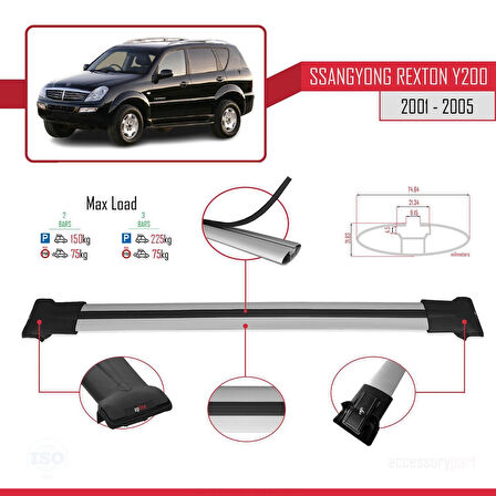 Ssangyong Rexton (Y200) 2001-2005 Arası ile Uyumlu FLY Model Ara Atkı Tavan Barı Gri 2 Adet