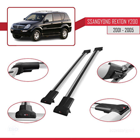 Ssangyong Rexton (Y200) 2001-2005 Arası ile Uyumlu FLY Model Ara Atkı Tavan Barı Gri 2 Adet