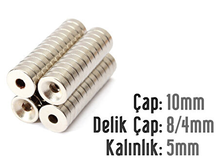 Neodyum Mıknatıs Yuvarlak Havşalı Çap 10mm (delik 8/4mm) Kalıklık 5mm 3 Adet