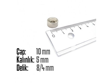 Neodyum Mıknatıs Yuvarlak Havşalı Çap 10mm (delik 8/4mm) Kalıklık 5mm 3 Adet