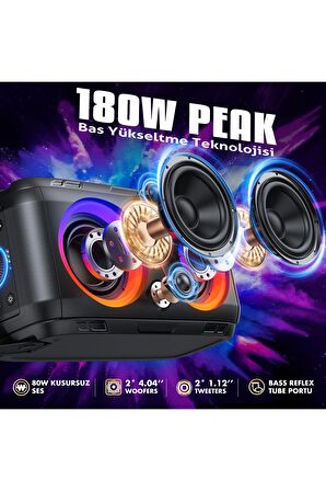 W-KING T9-2 Bluetooth Hoparlör 180W Partybox 24S Dinleme Işıklı IPX5 Kablosuz Stereo TWS Ses Bombası Siyah