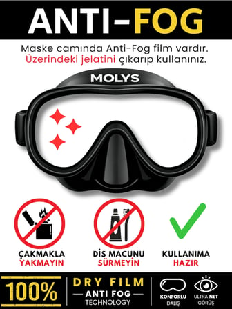 MOLYS M1 PROFESYONEL DALIŞ MASKESİ + MASKE KUTUSU + PRO FULL DRY TAM KURU ŞNORKEL + FREE DOM ANTI FOG BUĞU ÖNLEYİCİ FİLM