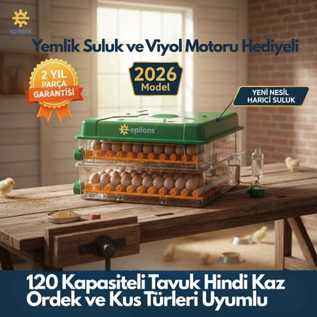 EP-120 Yumurta Kapasiteli Tam Otomatik Kuluçka Makinesi - Yeni Nesil Harici Suluklu, Dijital Nem ve Sıcaklık Göstergeli (  )