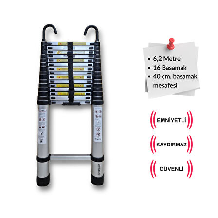 620 cm. - 16  Basamaklı Kancalı Teleskobik / Teleskopik Alüminyum Merdiven - I Tipi Uzayan Merdiven