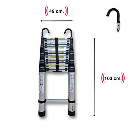 620 cm. - 16  Basamaklı Kancalı Teleskobik / Teleskopik Alüminyum Merdiven - I Tipi Uzayan Merdiven