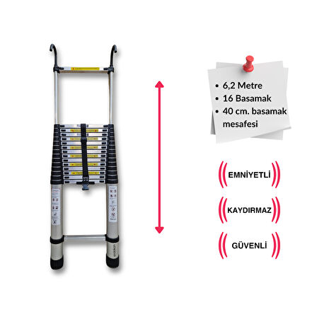 620 cm. - 16  Basamaklı Kancalı Teleskobik / Teleskopik Alüminyum Merdiven - I Tipi Uzayan Merdiven