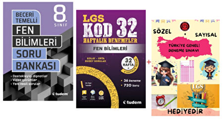 TUDEM YAYINLARI LGS FEN BİLİMLERİ BECERİ TEMELLİ SORU BANKASI - FEN BİLİMLERİ KOD 32 HAFTALIK DENEMELER- HEDİYE