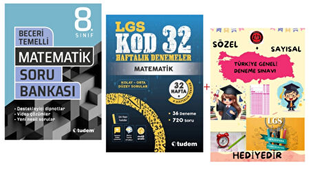 TUDEM YAYINLARI LGS MATEMATİK BECERİ TEMELLİ SORU BANKASI - MATEMATİK KOD 32 HAFTALIK DENEMELER - HEDİYE