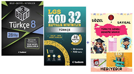 TUDEM YAYINLARI LGS TÜRKÇE 3 BOYUT BECERİ TEMELLİ SORU BANKASI - TÜRKÇE KOD 32 HAFTALIK DENEMELER- HEDİYE