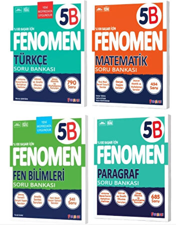 FENOMEN YAYINLARI 5 Türkçe B  + Matematik B  + Fen Bilimleri B + PARAGRAF B Soru Bankası