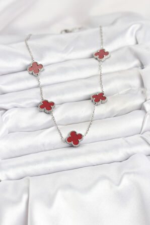 316L Çelik Zincir Gümüş Renk Bordo Renk Yonca Kadın Kolye