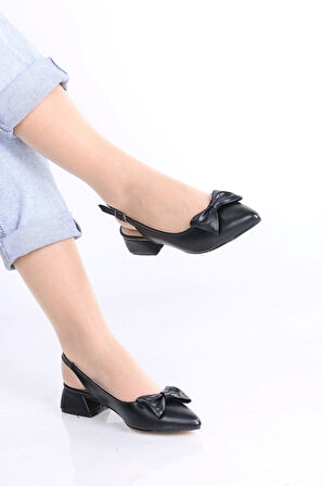 Herman Siyah Mat Deri Fiyonklu Kadın Topuklu Ayakkabı