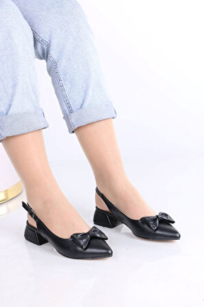 Herman Siyah Mat Deri Fiyonklu Kadın Topuklu Ayakkabı