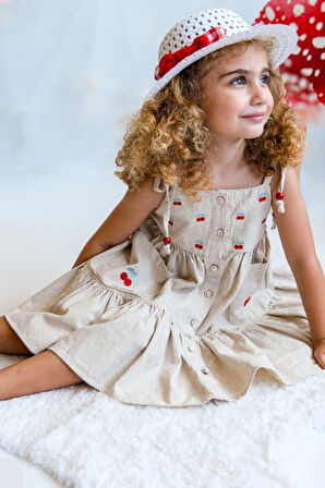 Kız Çocuk Kiraz Desenli Keten Şapkalı Hediyeli Elbise