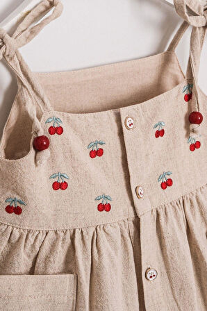 Kız Çocuk Kiraz Desenli Keten Şapkalı Hediyeli Elbise