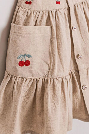 Kız Çocuk Kiraz Desenli Keten Şapkalı Hediyeli Elbise