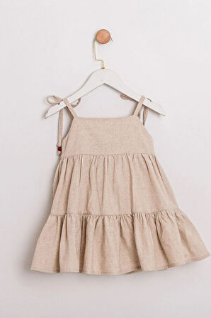 Kız Çocuk Kiraz Desenli Keten Şapkalı Hediyeli Elbise