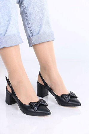 Laddy Siyah Mat Deri Fiyonklu Kadın Topuklu Ayakkabı