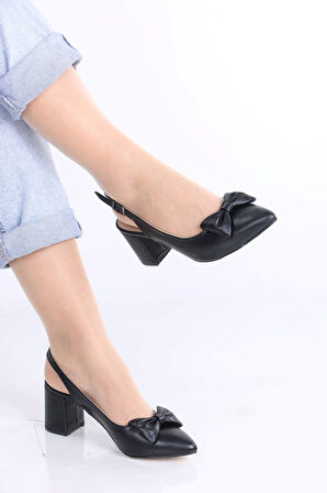 Laddy Siyah Mat Deri Fiyonklu Kadın Topuklu Ayakkabı