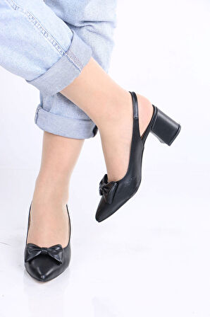 Laddy Siyah Mat Deri Fiyonklu Kadın Topuklu Ayakkabı