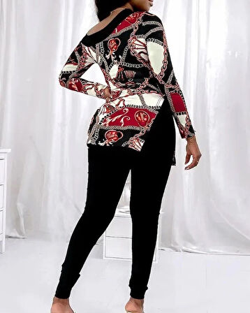 Kadın Tek Omuz Zincir Desenli Uzun Kollu Mikro Bluz