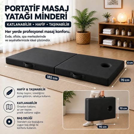Masaj Yatağı Portatif Katlanabilir Masaj Yatağı Minderi 6 cm Sünger  180x70 cm