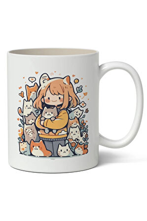 Tatlı Kediler ve Kız Temalı Beyaz Kupa Bardak Arkadaşa Sevgiliye Hediye